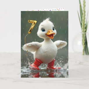 Carte 7e anniversaire Canard blanc dans une flaque de pl