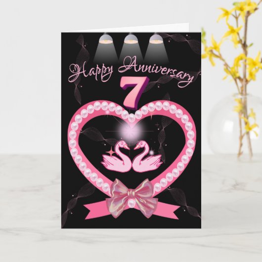 Carte 7e anniversaire de Mariage Pink Heart Bow for Coup (Fleur jaune)