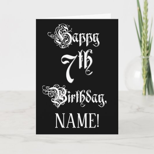 Carte 7e anniversaire : fantaisie, élégant script + Nom  (Devant)