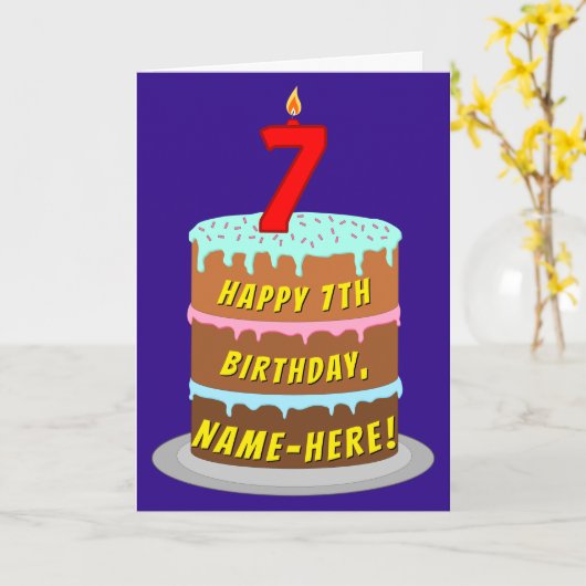 Carte 7e anniversaire : Fun Cake and Candle + Nom person (Fleur jaune)