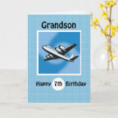 Carte 7e anniversaire, grand-fils, avion en bleu (Fleur jaune)