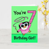 Carte 7e anniversaire - Gymnast Penguin (Fleur jaune)