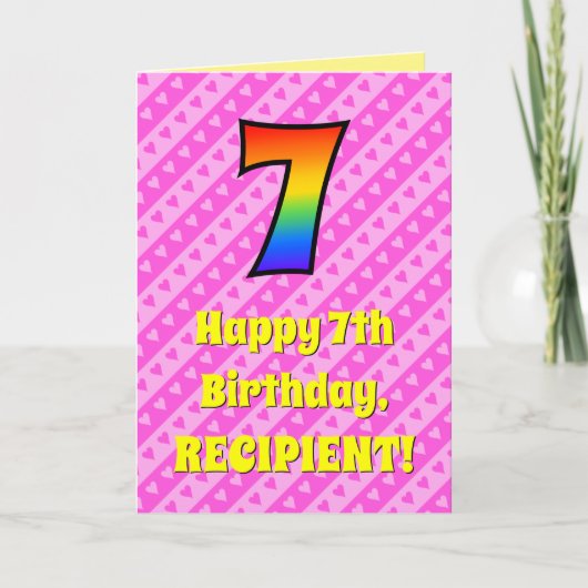 Carte 7e anniversaire : Pink Stripes & Hearts, Rainbow # (Devant)