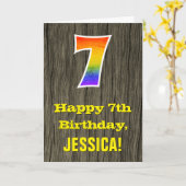 Carte 7e anniversaire : Rustic Faux Wood Look, Rainbow " (Fleur jaune)