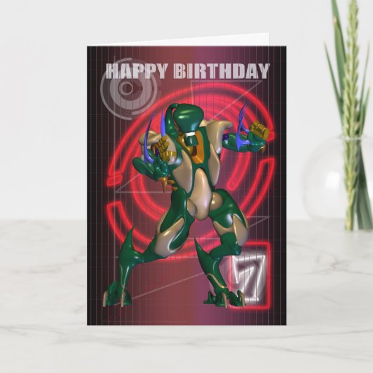 Carte 7e Joyeux anniversaire avec un guerrier robotique (Devant)