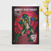 Carte 7e Joyeux anniversaire avec un guerrier robotique (Fleur jaune)