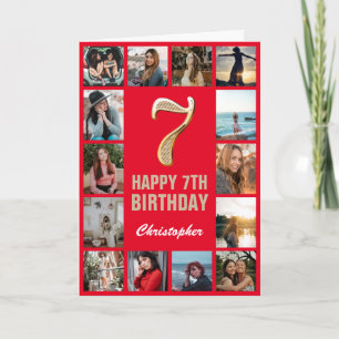 Carte 7e Joyeux anniversaire Collage photo rouge et or