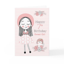 7th Birthday Little Girl and Cat in Pink White