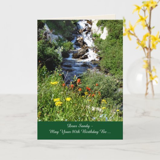 Carte 80e anniversaire Adventure Waterfall Nom Fleurs sa (Fleur jaune)