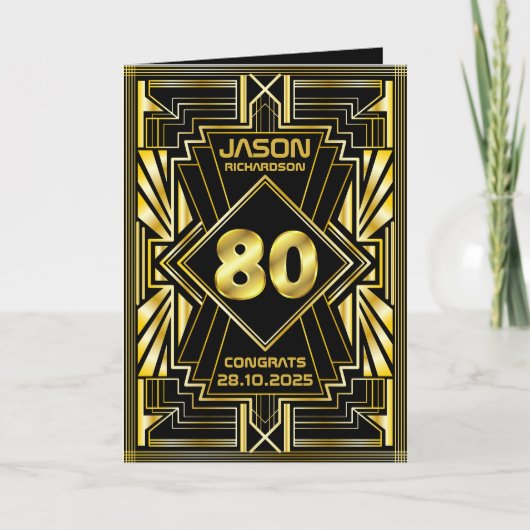 Carte 80e anniversaire Art Déco Gold Black Great Gatsby (Devant)