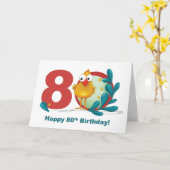 Carte 80e anniversaire avec un oiseau drôle et la branch (Fleur jaune)