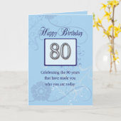 Carte 80e anniversaire, bleu et argent (Fleur jaune)
