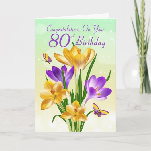 Carte 80e anniversaire Crocus jaune et violet (Devant)