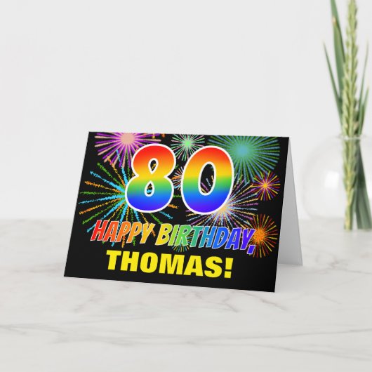 Carte 80e anniversaire : Gras, Amusants, Feu d'artifice, (Devant)