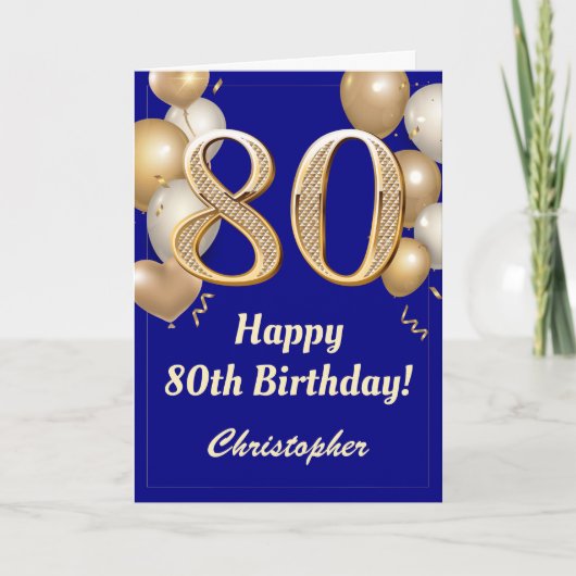 Carte 80e anniversaire Marine Bleu et Ballons d'or Confe (Devant)