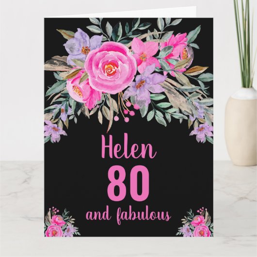 Carte 80e anniversaire noir rose aquarelle floral (Devant)