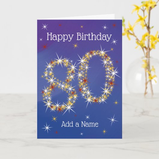 Carte 80e anniversaire - Numéro 80 en étoiles - Bleu - Â (Fleur jaune)