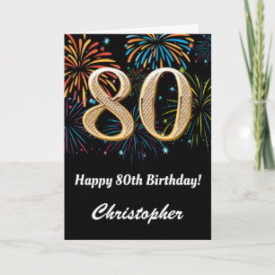 Carte 80e anniversaire Rainbow Fireworks noir et or