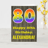 Carte 80e anniversaire : Rustic Faux Wood Look, Arc-en-c (Fleur jaune)