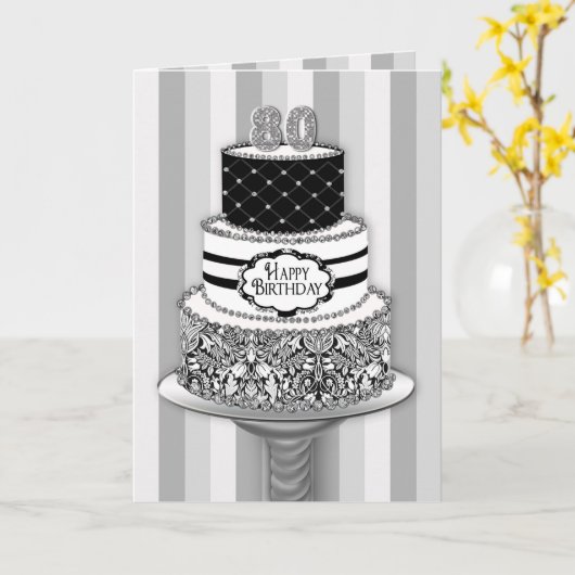 Carte 80e Birthday, 3 White Pattern Cake (Fleur jaune)