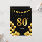 Carte 80th Birthday Card Black and Gold Balloons (Devant/Arrière en situation)