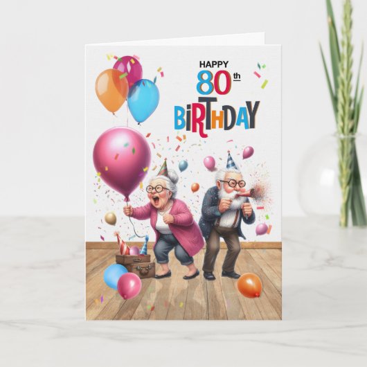 Carte 80th Birthday Funny Old Man and Woman Balloons (Devant)
