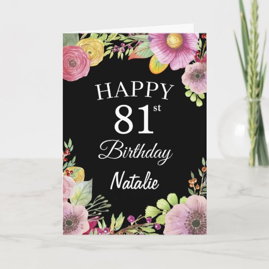 Carte 81e anniversaire Aquarelle Florale Fleurs noir Car (Devant)