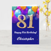 Carte 81e anniversaire Ballons bleu et or couleur marine (Fleur jaune)