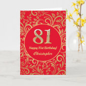 Carte 81e anniversaire Motif Floral rouge et or (Fleur jaune)