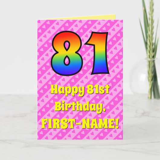 Carte 81e anniversaire : Pink Stripes & Hearts, Arc en c (Devant)