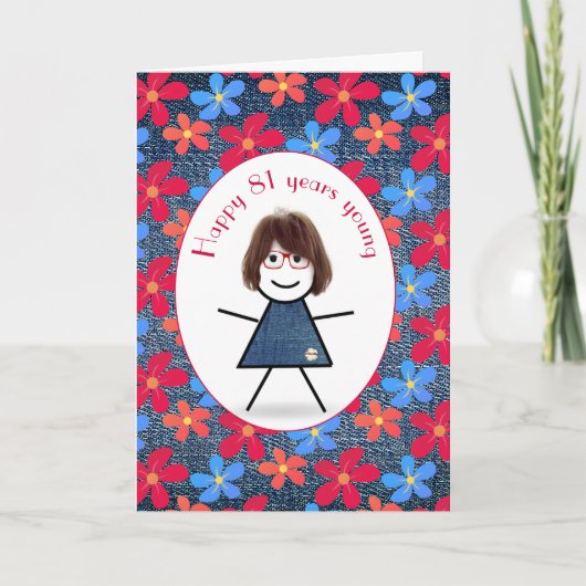 Carte 81e Anniversaire Stick Girl and Daisies On Denim C (Devant)