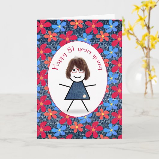 Carte 81e Anniversaire Stick Girl and Daisies On Denim C (Fleur jaune)