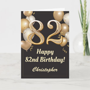 Carte 82e anniversaire Ballons Noir et Or Confetti