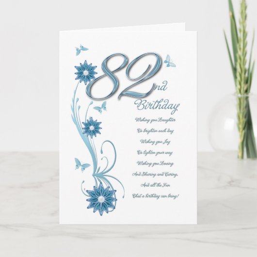Carte 82ème anniversaire en turquoise avec fleurs et pap (Devant)