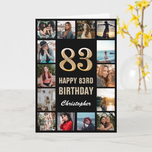 Carte 83e Joyeux Anniversaire Black and Gold Photo Colla (Fleur jaune)