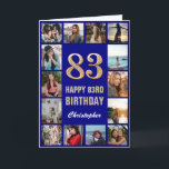 Carte 83e Joyeux Anniversaire Marine Bleu & Gold Photo C<br><div class="desc">83e Joyeux Anniversaire Marine Blue and Gold Photo Collage Carte d'anniversaire. Pour plus de personnalisation,  cliquez sur le bouton "Customiser" et utilisez notre outil de conception pour modifier ce modèle.</div>