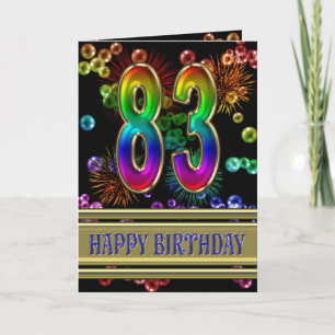 Carte 83ème anniversaire avec bulles arc-en-ciel et feux