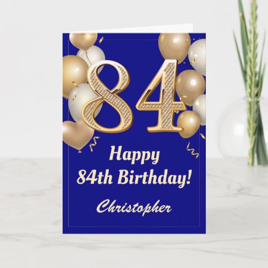 Carte 84e anniversaire Marine Bleu et Ballons d'or Confe (Devant)