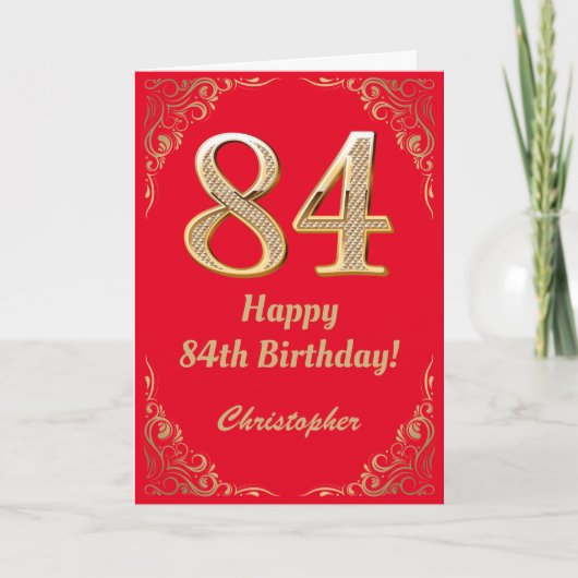 Carte 84e anniversaire Parties scintillant rouge et or (Devant)