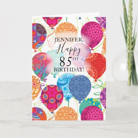 Carte 85e anniversaire Ballons rose orange turquoise (Devant)