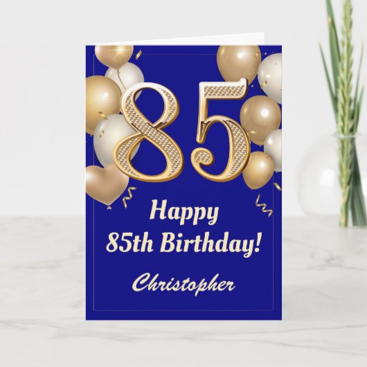 Carte 85e anniversaire Marine Bleu et Ballons d'or Confe (Devant)