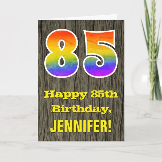 Carte 85e anniversaire : Rustic Faux Wood Look, Arc-en-c (Devant)