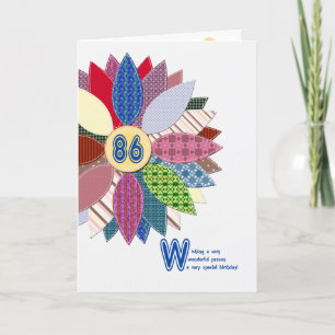 Carte 86 ans, anniversaire de fleur cousue