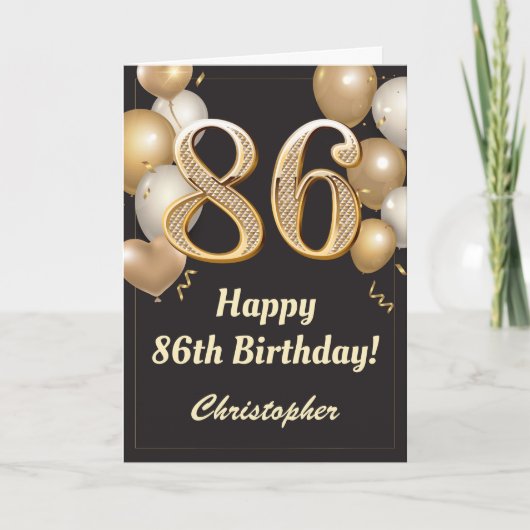 Carte 86e anniversaire Ballons Noir et Or Confetti (Devant)