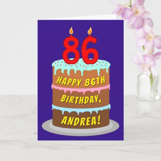 Carte 86e anniversaire : Fun Cake and Candles + Nom pers (Orchidée)
