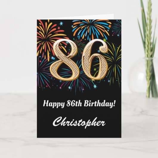 Carte 86e anniversaire Rainbow Fireworks noir et or (Devant)
