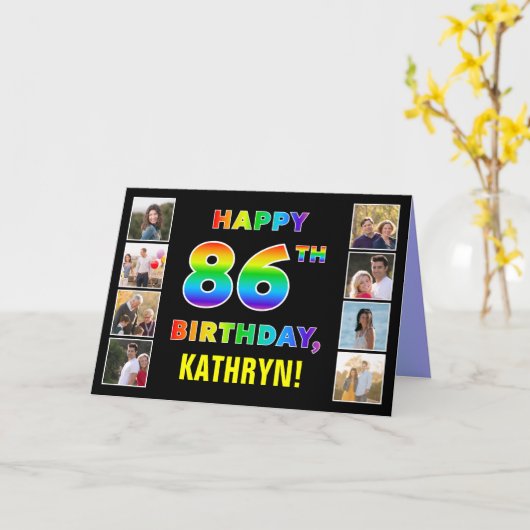 Carte 86e anniversaire : Rainbow Text, Custom Photos & N (Fleur jaune)