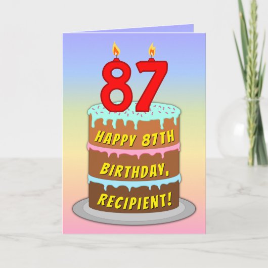Carte 87th Birthday — Fun Cake & Candles, w/ Custom Name (Devant)