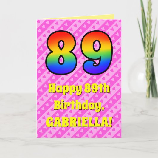 Carte 89e anniversaire : Pink Stripes & Hearts, Arc en c (Devant)