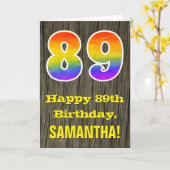 Carte 89e anniversaire : Rustic Faux Wood Look, Arc-en-c (Fleur jaune)